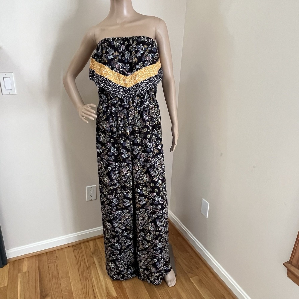 Mudd Womens Size XL Floral Rayon Elastic Waist Strapless‎ Jumpsuit Boho Flowy
